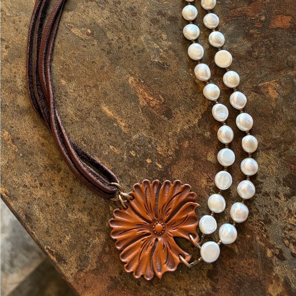 Elegant Pearl Necklace with Brown Cord